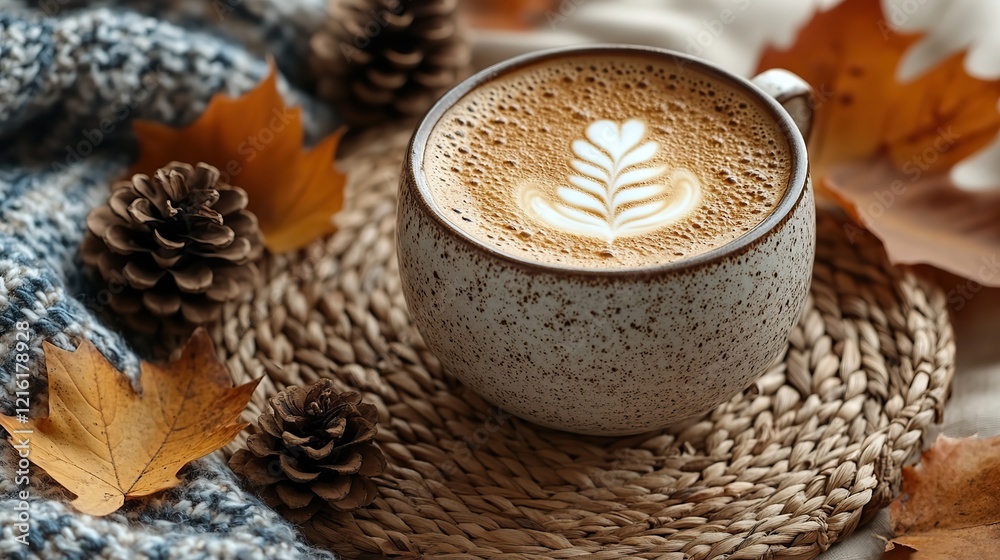 Autumn business concept A top-view vertical photo of a cup of frothy coffee on a rattan serving mat, fallen maple leaves, pine cones, candles, and a plaid scarf on an isolated beige background Autumn business concept A top-view vertical photo of a cup of frothy coffee on a rattan serving mat, fallen maple leaves, pine cones, candles, and a plaid scarf on an isolated beige background