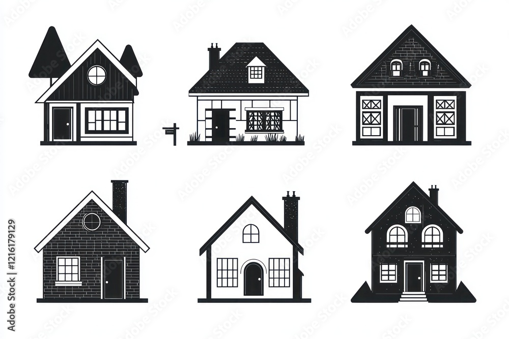 Minimalistic monochrome house icon set representing various designs Minimalistic monochrome house icon set representing various designs