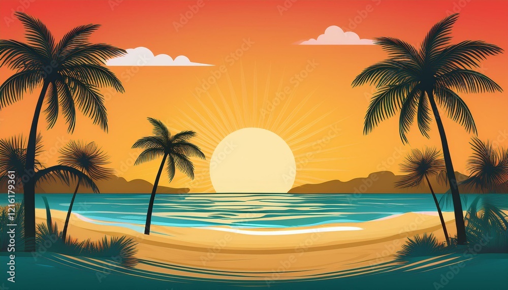 Obraz premium Sunset on summer beach background vector illustration. Generated image