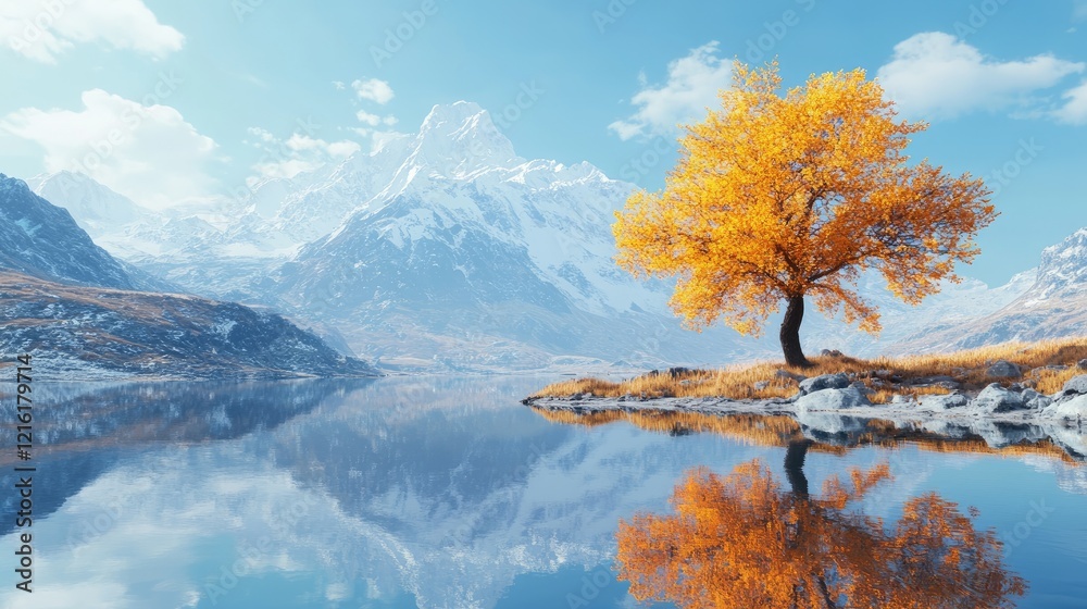 A vibrant golden tree reflecting perfectly in a serene lake, with snow-capped mountains towering in the distance under a clear sky A vibrant golden tree reflecting perfectly in a serene lake, with snow-capped mountains towering in the distance under a clear sky