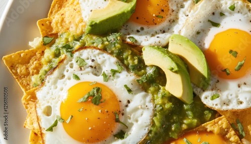 Delicious Mexican Breakfast: Huevos Rancheros with Avocado and Salsa Verde on Crispy Tortilla Chips