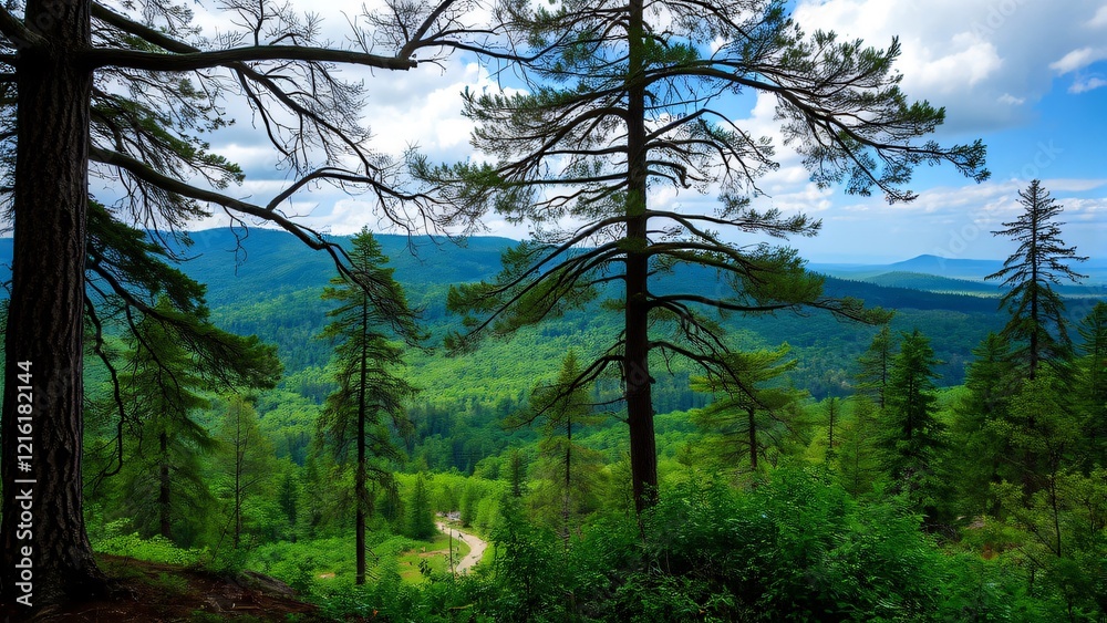 Majestic Mountain Vista Panoramic View of Lush Evergreen Forest and Winding Road Majestic Mountain Vista Panoramic View of Lush Evergreen Forest and Winding Road