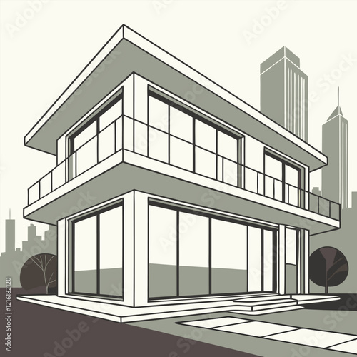 A sleek, modern apartment building with large glass windows, minimalist balconies, and a clean, geometric facade vector style on a white background