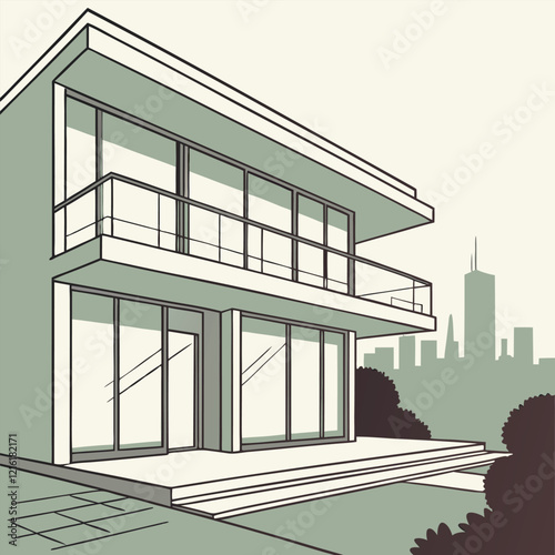 A sleek, modern apartment building with large glass windows, minimalist balconies, and a clean, geometric facade vector style on a white background