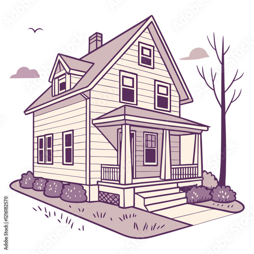 A cozy, two-story suburban house with a gabled roof, a charming front porch, and a small garden on a white background
