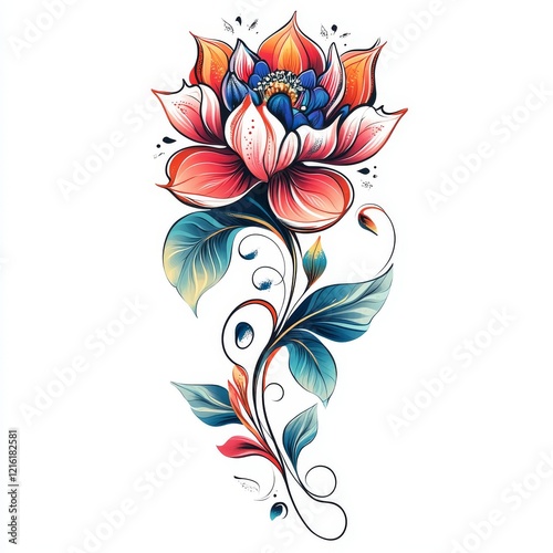 Carp fish and chrysanthemum tattoo by hand drawing.Tattoo art highly detailed in line art style.