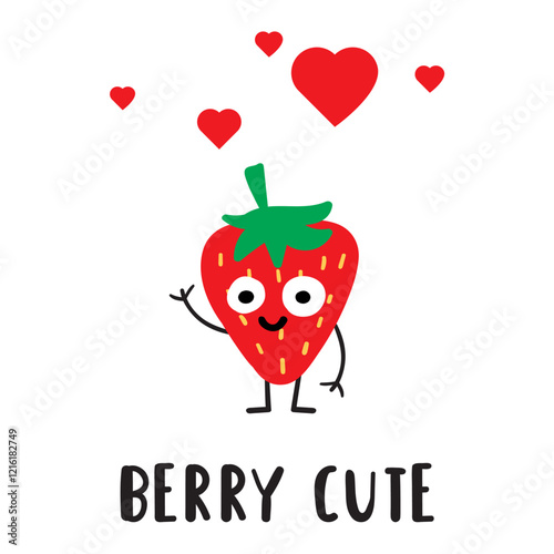Inscription - Berry cute. Strawberry. Funny character. Design for Valentine's day. Illustration on white background.