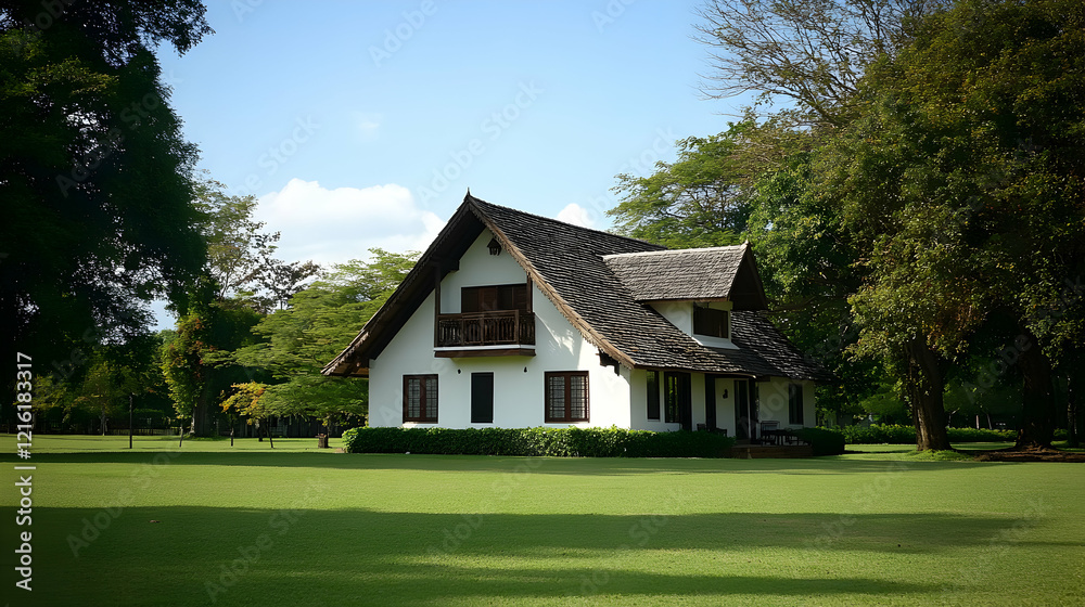 A simple two-story small house with white walls and a gable roof A simple two-story small house with white walls and a gable roof