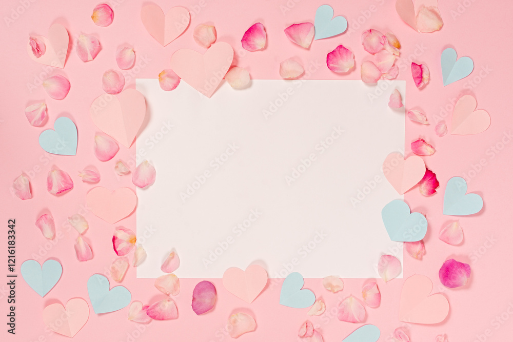 Paper pastel pink hearts on a pink background. the concept of romance, love and tenderness. Bright greeting card for Valentine's Day. Design of the anniversary of mother's Day. The view from the top. Paper pastel pink hearts on a pink background. the concept of romance, love and tenderness. Bright greeting card for Valentine's Day. Design of the anniversary of mother's Day. The view from the top.