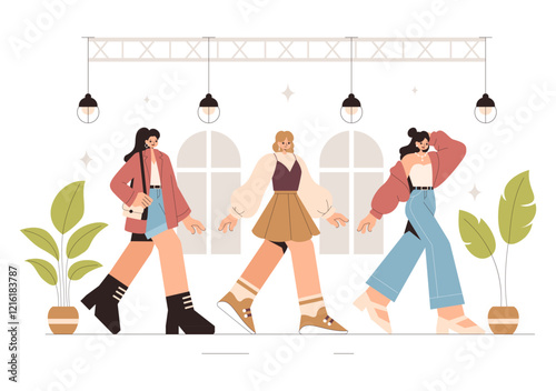 Fashion Runway Vector Illustration featuring Female Models Showcasing Trendy New Outfits on a Catwalk Ramp During a Fashion Show in a Background