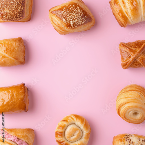 Scattered pastries against a pink background with copysapce in the center.  photo