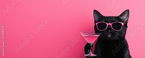 Wallpaper Mural A stylish black cat wearing pink sunglasses holds a cocktail against a vibrant pink background, exuding a fun and playful vibe. Torontodigital.ca
