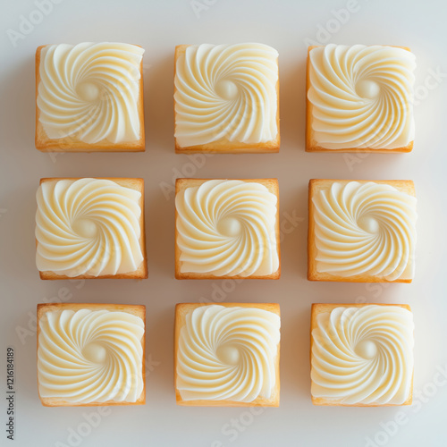 Top view, three by three intricate french pastries with white frosting. photo