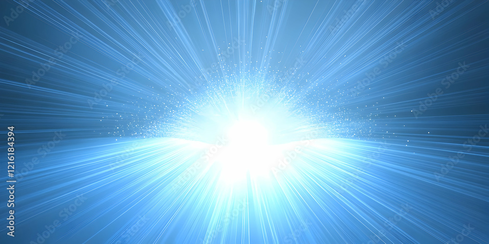 Abstract Blue Light Rays Burst Background with Bright Center and Scattered Particles Abstract Blue Light Rays Burst Background with Bright Center and Scattered Particles
