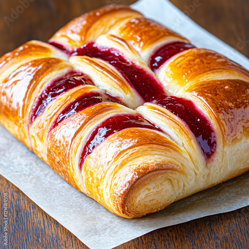 Cherry jam filled danish pastry on parchment paper photo