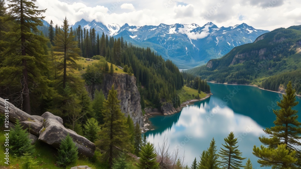 Serene Mountain Lake Landscape with Coniferous Forest and Snow-Capped Peaks Serene Mountain Lake Landscape with Coniferous Forest and Snow-Capped Peaks