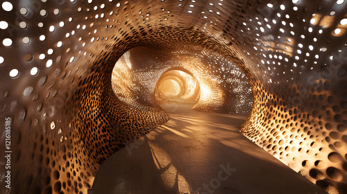 3D tunnel of hexagonal shapes with alternating light and dark sections 