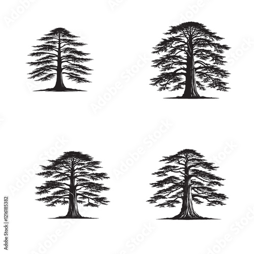 "High-Quality Monochrome Vector Silhouettes of the Deodar Cedar Tree Isolated on a White Background