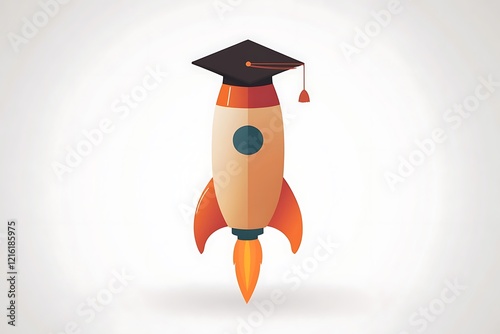 Education launching into the future: a graduation cap atop a rocket.