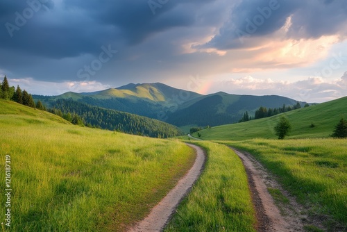 Mountain road sunset landscape, rainbow, green hills