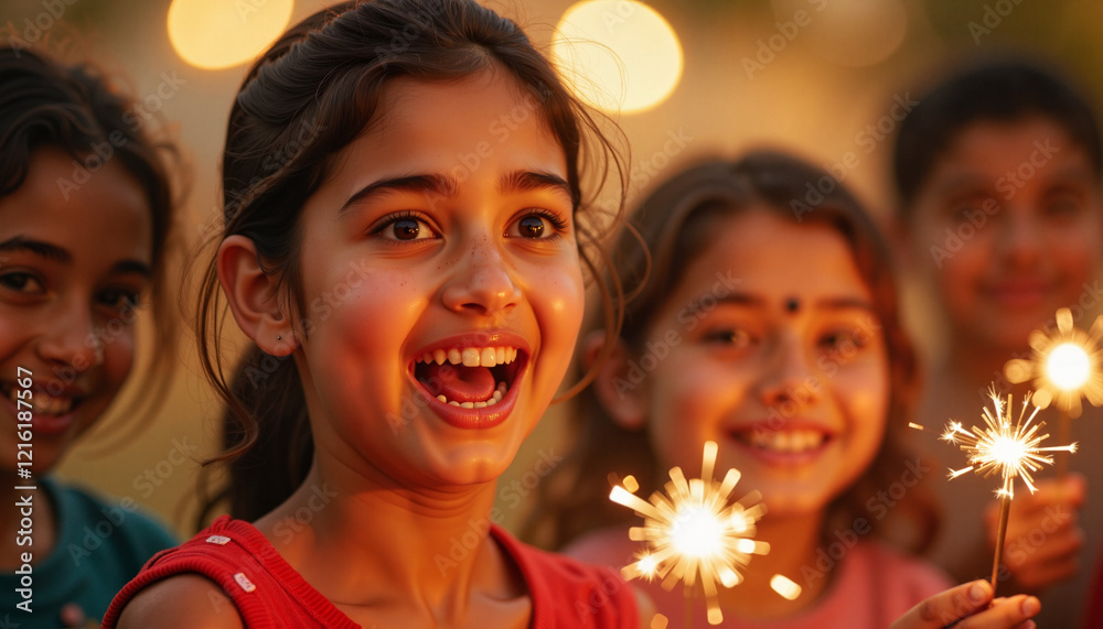 Fototapeta premium Happy children celebrating with sparklers at dusk 