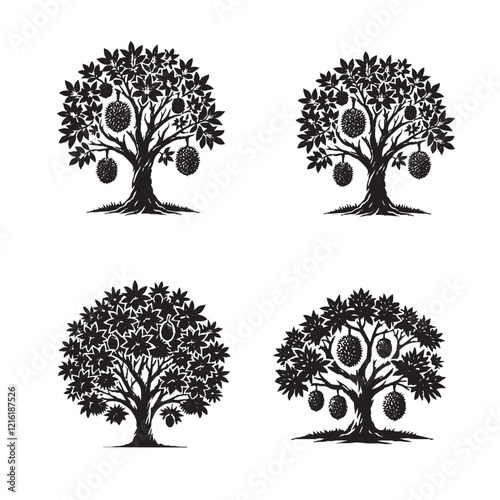 Monochrome Vector Silhouettes of the Durian Tree Isolated on a White Background"