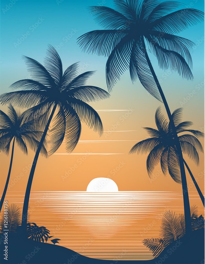 Obraz premium Tropical island paradise background with palms silhouette and sky. Generated image