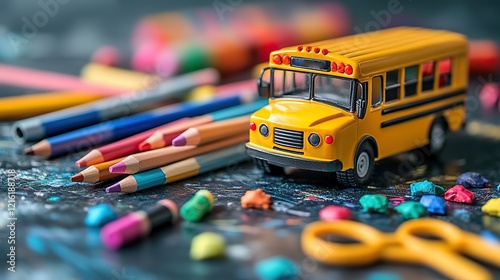 Back to school supplies notebook, crayons, scissors, and a toy school bus on yellow