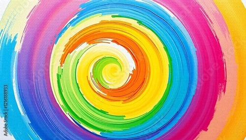 A glowing rainbow spiral of paintbrush strokes on a textured canvas, transitioning seamlessly between bright primary colors and softer pastel tones