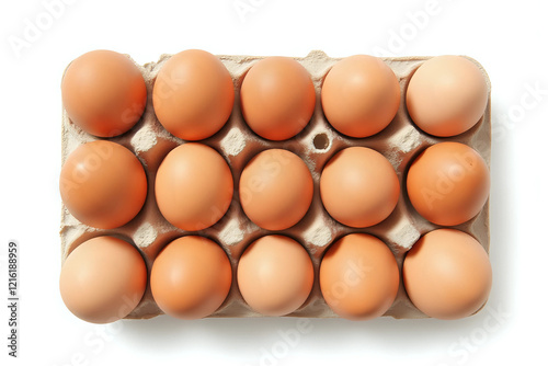 brown chicken eggs in egg box isolated on white background, top view photo