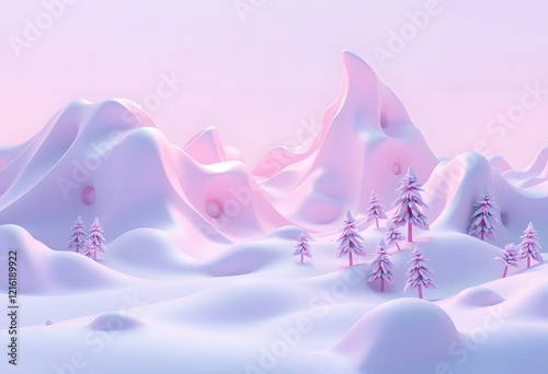 Pastel Pink Winter Landscape Mountains and Trees