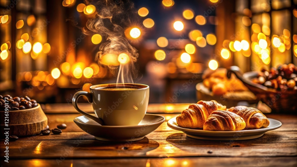 Fototapeta premium Warm, inviting coffee shop bathed in low light; a cozy, moody Kaffeezeit.