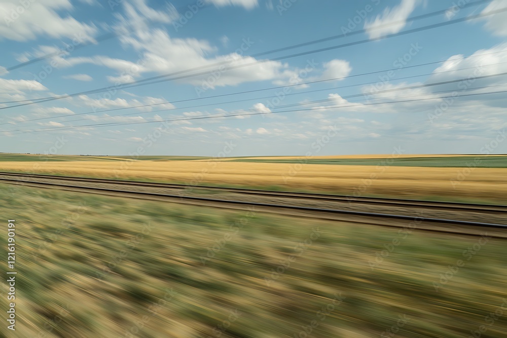 Obraz premium High-Speed Train Moving Through Golden Fields: A Stunning View from the Window