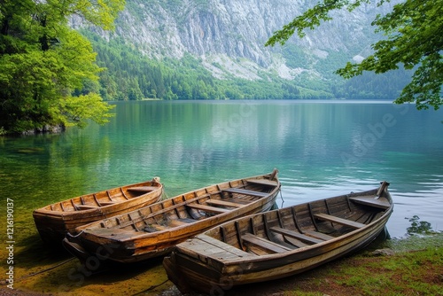 Alpine lake boats tranquil scenic nature tourism