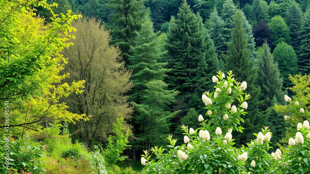 Lush Green Forest with Blooming White Hydrangeas Lush Green Forest with Blooming White Hydrangeas