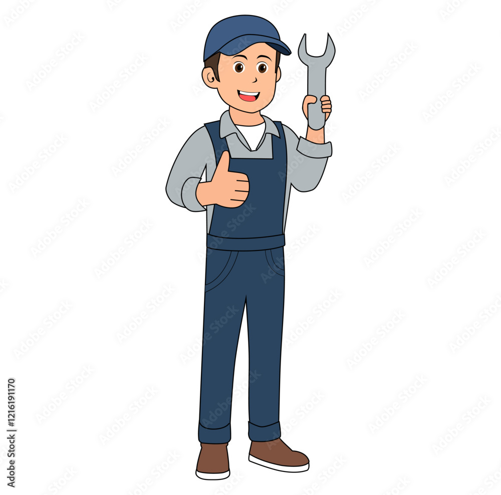 Cartoon Man Technician Holding Wrench Vector Illustration Cartoon Man Technician Holding Wrench Vector Illustration
