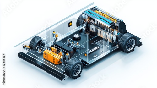 Isometric schematic of a hydrogen-powered car, showing its motor, battery, and PCU components with a focus on renewable H2 energy photo