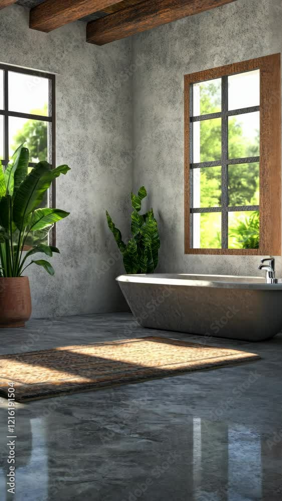 Luxurious modern bathroom with natural light, greenery, and elegant design elements Luxurious modern bathroom with natural light, greenery, and elegant design elements