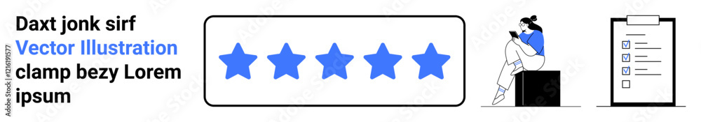 Business review concept featuring five blue stars, a woman sitting on a black box reading, and a clipboard with a checklist. Ideal for business reviews, customer feedback, evaluation, rating systems Business review concept featuring five blue stars, a woman sitting on a black box reading, and a clipboard with a checklist. Ideal for business reviews, customer feedback, evaluation, rating systems