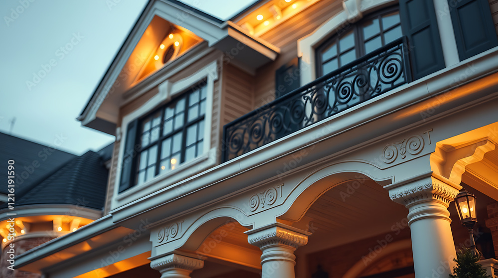 Fototapeta premium Luxury House Exterior at Dusk: Elegant Home Design with Classic Architecture and Warm Lighting