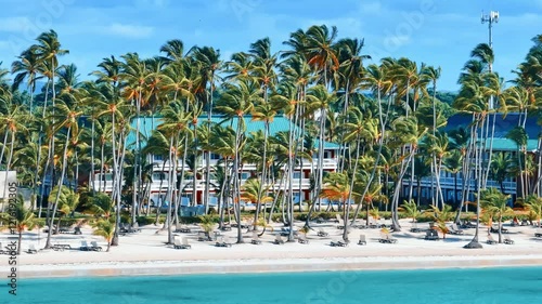 Wallpaper Mural Picturesque tropical coast with palm trees on a resort beach and turquoise sea. Transparent waves on white sand. Paradise beach on a Caribbean island. Panoramic video of a beautiful landscape. Torontodigital.ca