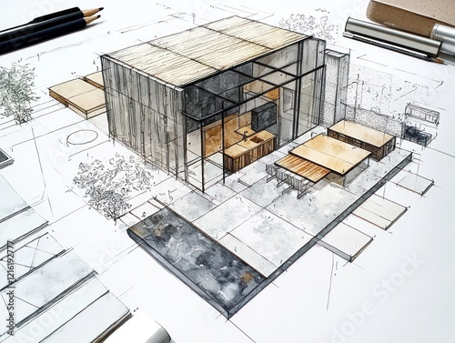 Architectural drawings and material palettes for interior design projects