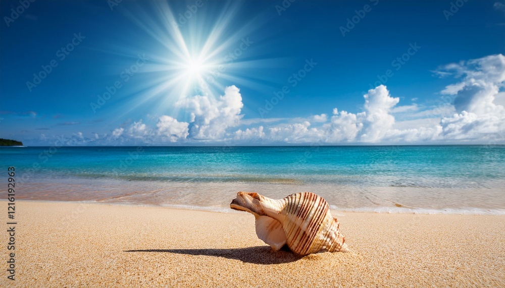 Obraz premium Landscape with shell on tropical beach. Summer concept. Generated image