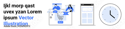Various visual elements including online shopping scene, mobile interface, and analog clock. Ideal for e-commerce, mobile app design, time management, web development, online marketing, user