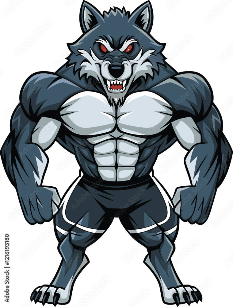 Muscular wolf lifting dumbbells while sitting on a chair retro vector illustration Muscular wolf lifting dumbbells while sitting on a chair retro vector illustration