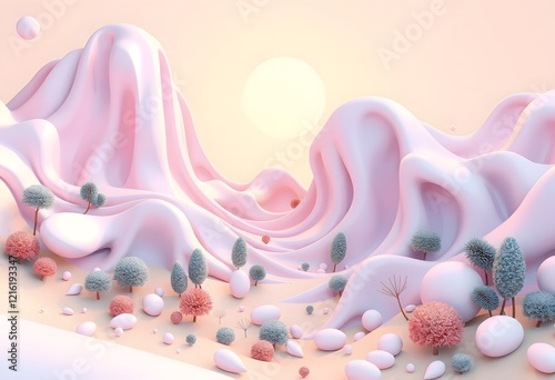 Pink Dreamland Landscape Pastel Hills and Fluffy Trees