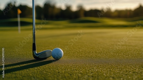 Golf equipment: club, ball, tee on golf course with well-maintained green and flagstick backdrop. Emphasizing golf precision and course environment.