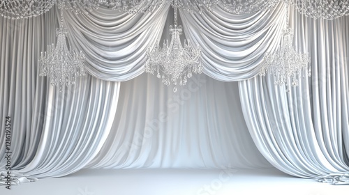 Elegant wedding stage backdrop featuring flowing white fabric and crystal chandeliers