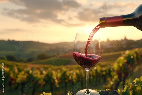 Red wine being poured into a glass at a vineyard at sunset.