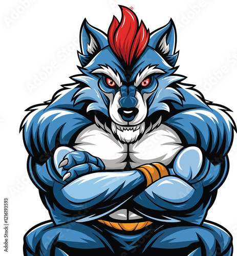 an angry wolf with  sharp teeth, a chest bodybuilder monster beast mascot logo vector illustration